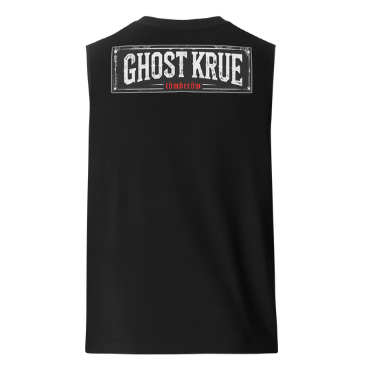 T6M6RR6W Ghost Muscle Shirt in black, a tribute to the boxing scene in Bendigo, Australia, home of fighters like Jasper Ellis. The front showcases a unique ghost figure and 'T6M6RR6W' graphic, complemented by a back design featuring 'GHOST KRUE' and 't6m6rr6w' in a bold, rectangular format.