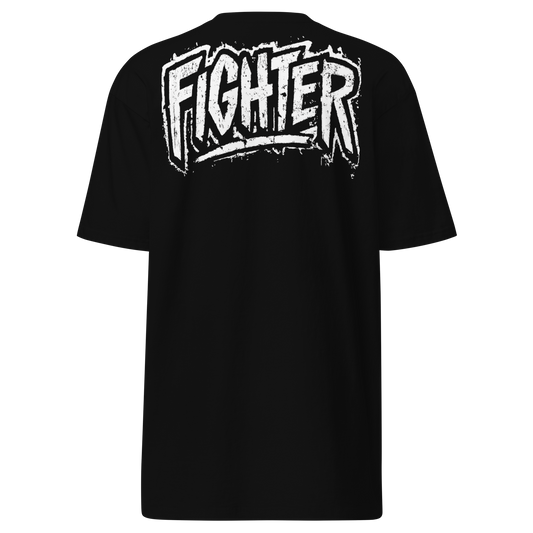 t6m6rr6w Fighter Legacy Premium Heavyweight Tee black - underground streetwear boxing shirt with distressed FIGHTER back graphic and brand logo front.