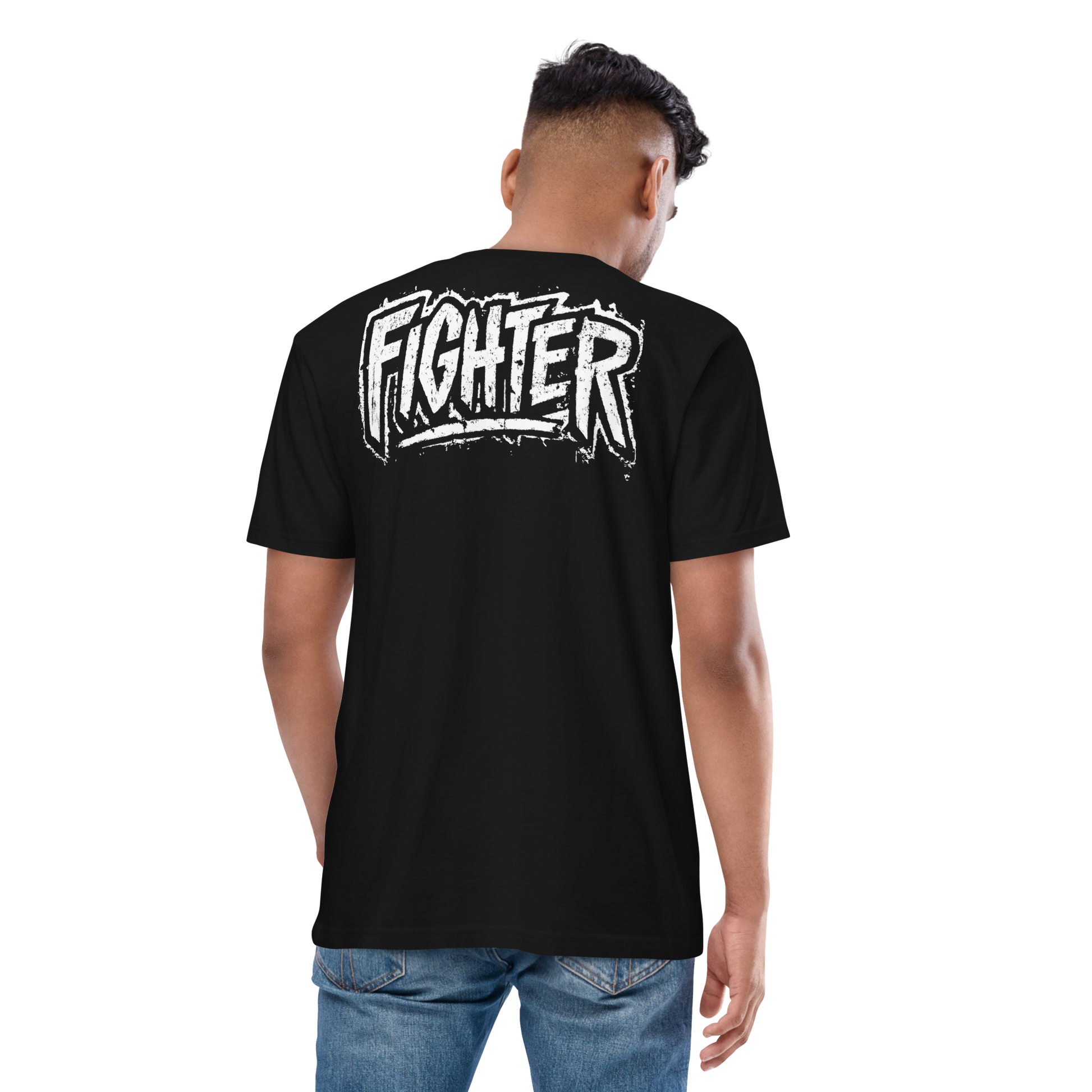 t6m6rr6w Fighter Legacy Premium Heavyweight Tee black - underground streetwear boxing shirt with distressed FIGHTER back graphic and brand logo front.