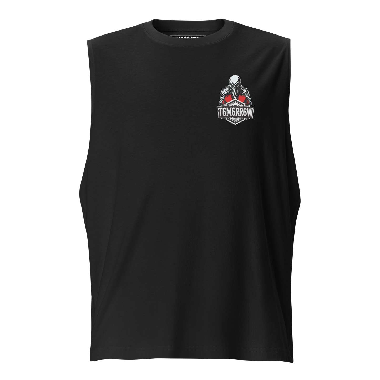 T6M6RR6W Ghost Muscle Shirt in black, a tribute to the boxing scene in Bendigo, Australia, home of fighters like Jasper Ellis. The front showcases a unique ghost figure and 'T6M6RR6W' graphic, complemented by a back design featuring 'GHOST KRUE' and 't6m6rr6w' in a bold, rectangular format.