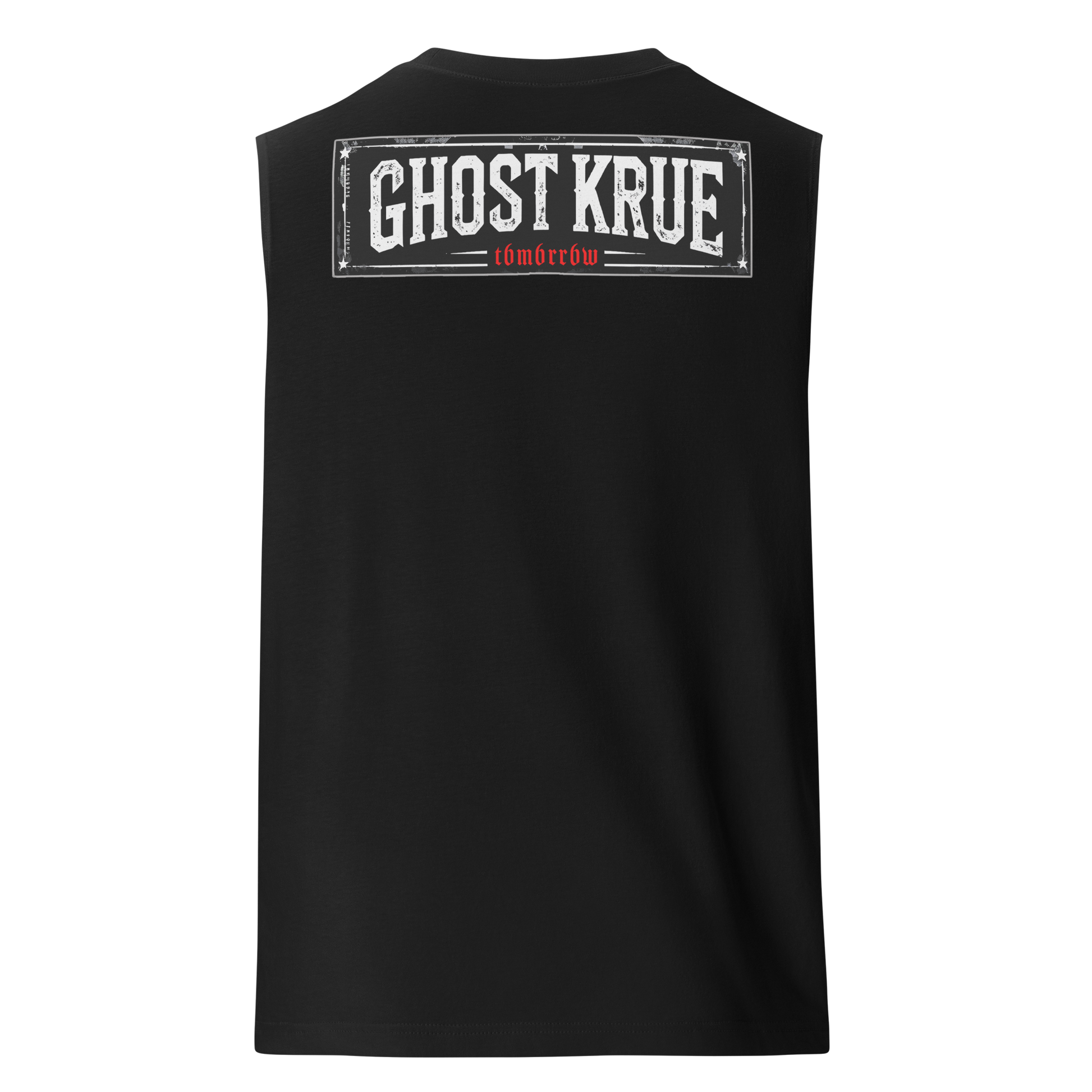 T6M6RR6W Ghost Muscle Shirt in black, a tribute to the boxing scene in Bendigo, Australia, home of fighters like Jasper Ellis. The front showcases a unique ghost figure and 'T6M6RR6W' graphic, complemented by a back design featuring 'GHOST KRUE' and 't6m6rr6w' in a bold, rectangular format.