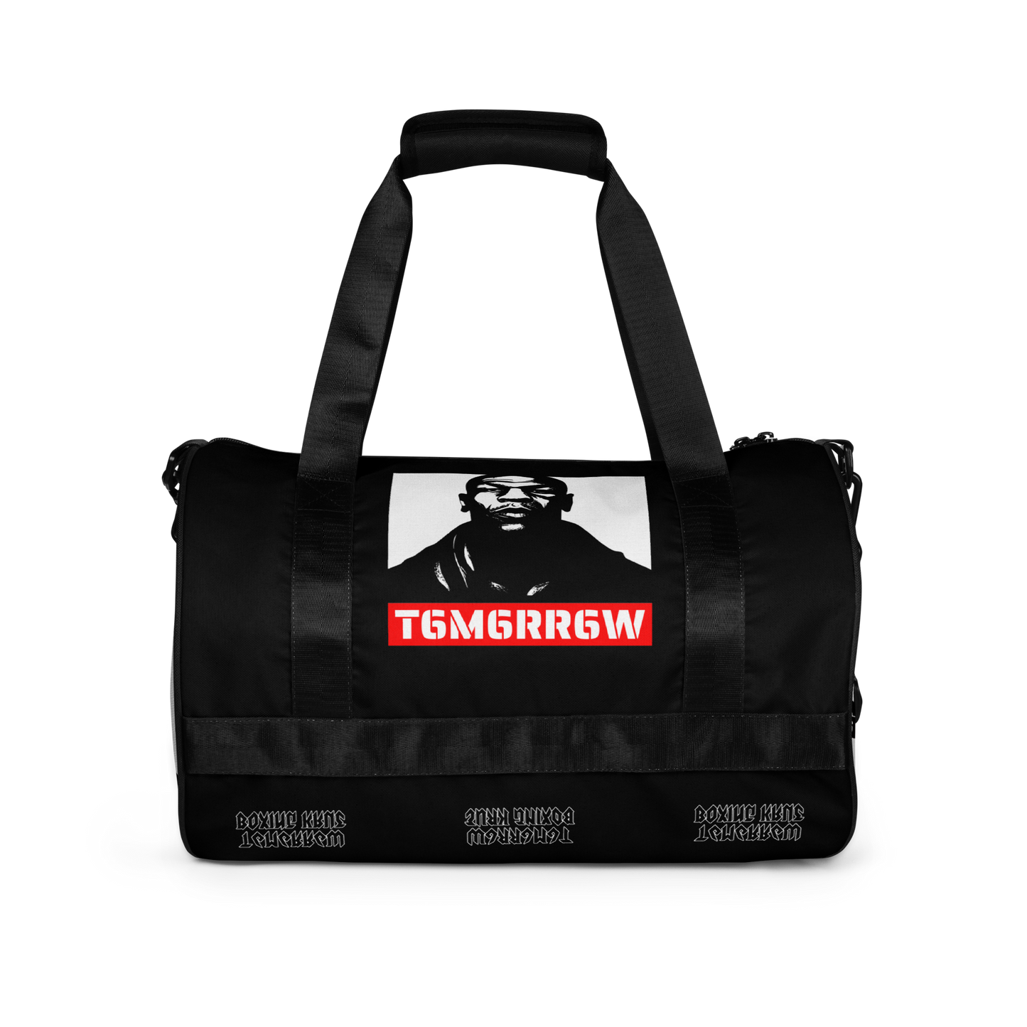 t6m6rr6w Tyson K.O. Code Fighter Gym Bag in black and white colorway. Front view shows iconic Mike Tyson portrait with red t6m6rr6w logo banner. Side views reveal all-over print design featuring multiple Mike Tyson images and repeated t6m6rr6w branding. Duffle-style gym bag with dual padded handles, adjustable shoulder strap, and boxing-themed graphics perfect for fighters and boxing fans.
