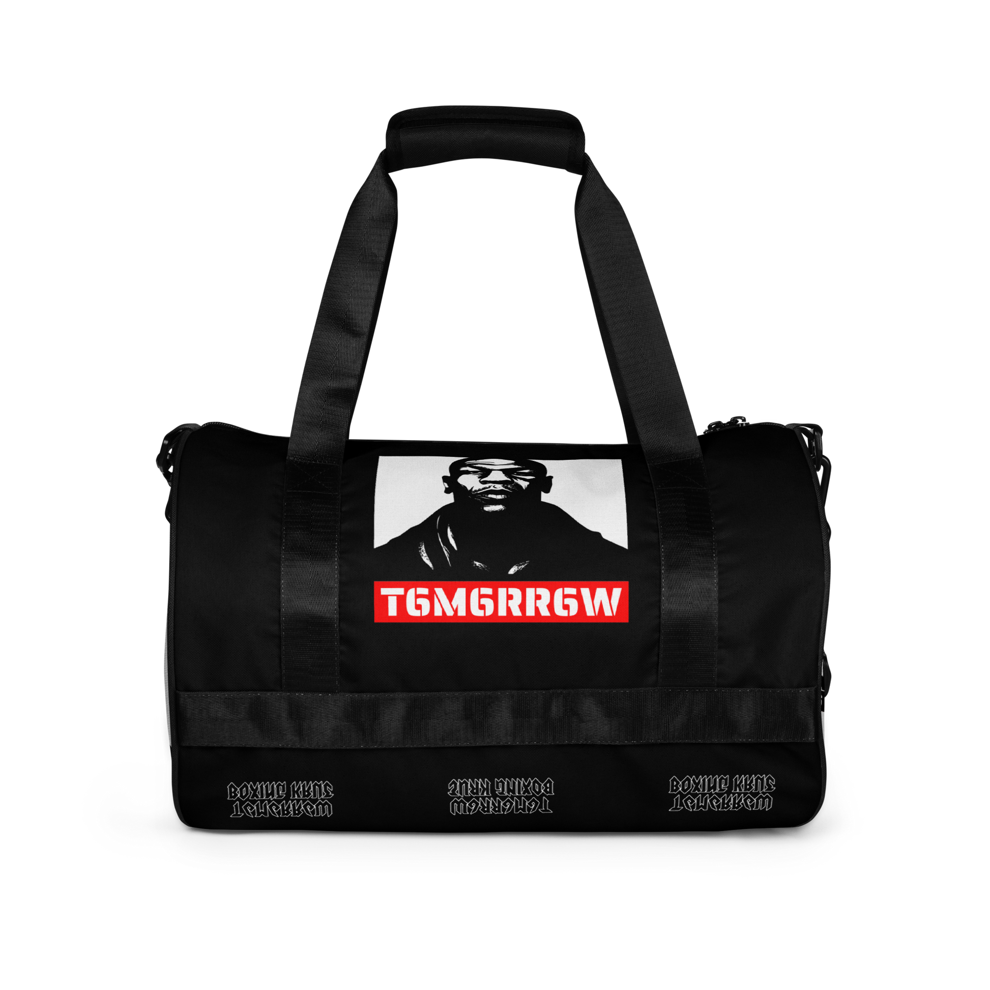 t6m6rr6w Tyson K.O. Code Fighter Gym Bag in black and white colorway. Front view shows iconic Mike Tyson portrait with red t6m6rr6w logo banner. Side views reveal all-over print design featuring multiple Mike Tyson images and repeated t6m6rr6w branding. Duffle-style gym bag with dual padded handles, adjustable shoulder strap, and boxing-themed graphics perfect for fighters and boxing fans.