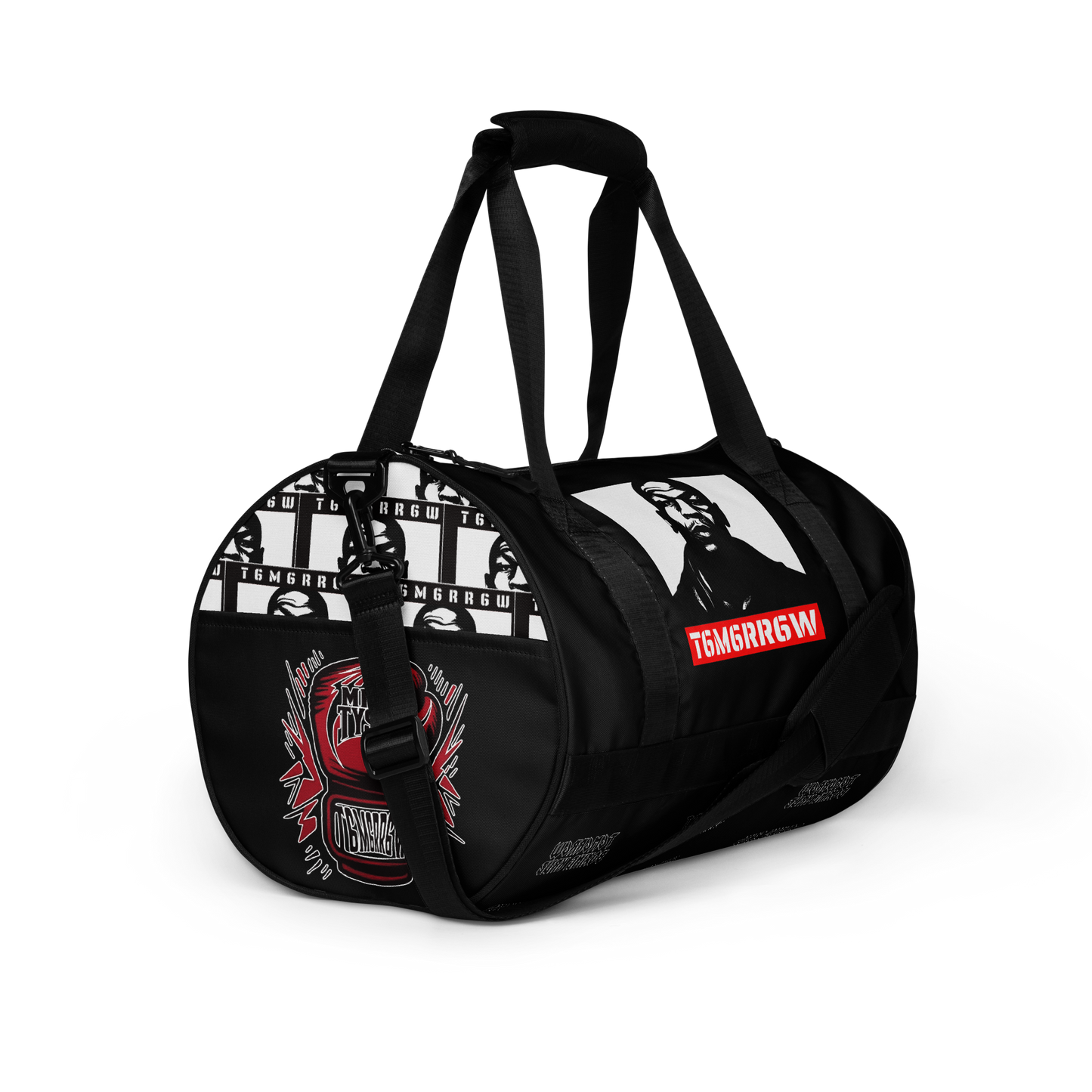 t6m6rr6w Tyson K.O. Code Fighter Gym Bag in black and white colorway. Front view shows iconic Mike Tyson portrait with red t6m6rr6w logo banner. Side views reveal all-over print design featuring multiple Mike Tyson images and repeated t6m6rr6w branding. Duffle-style gym bag with dual padded handles, adjustable shoulder strap, and boxing-themed graphics perfect for fighters and boxing fans.