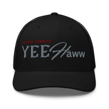 Load image into Gallery viewer, Six-panel black Coffin Cowboys YeeHaww trucker hat with a mesh back
