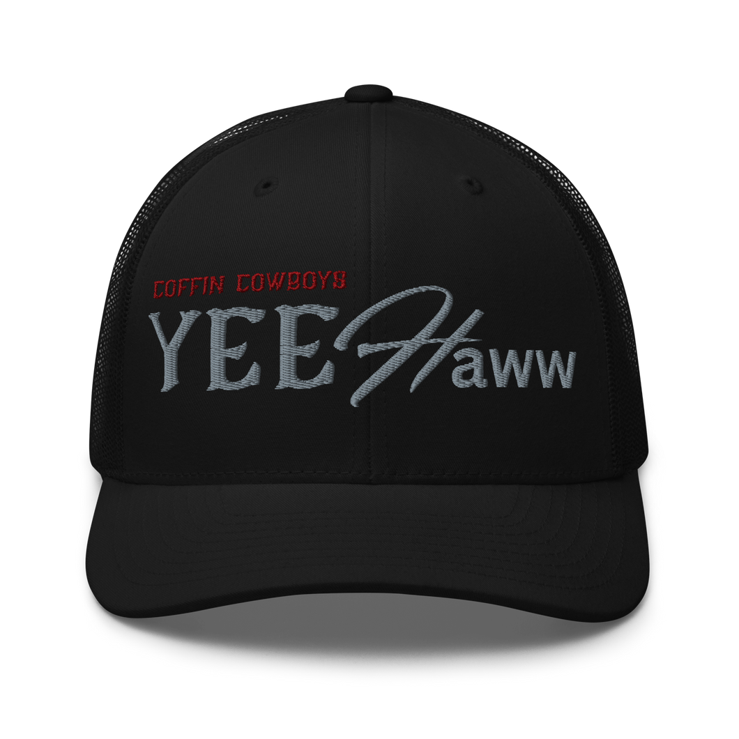 Six-panel black Coffin Cowboys YeeHaww trucker hat with a mesh back