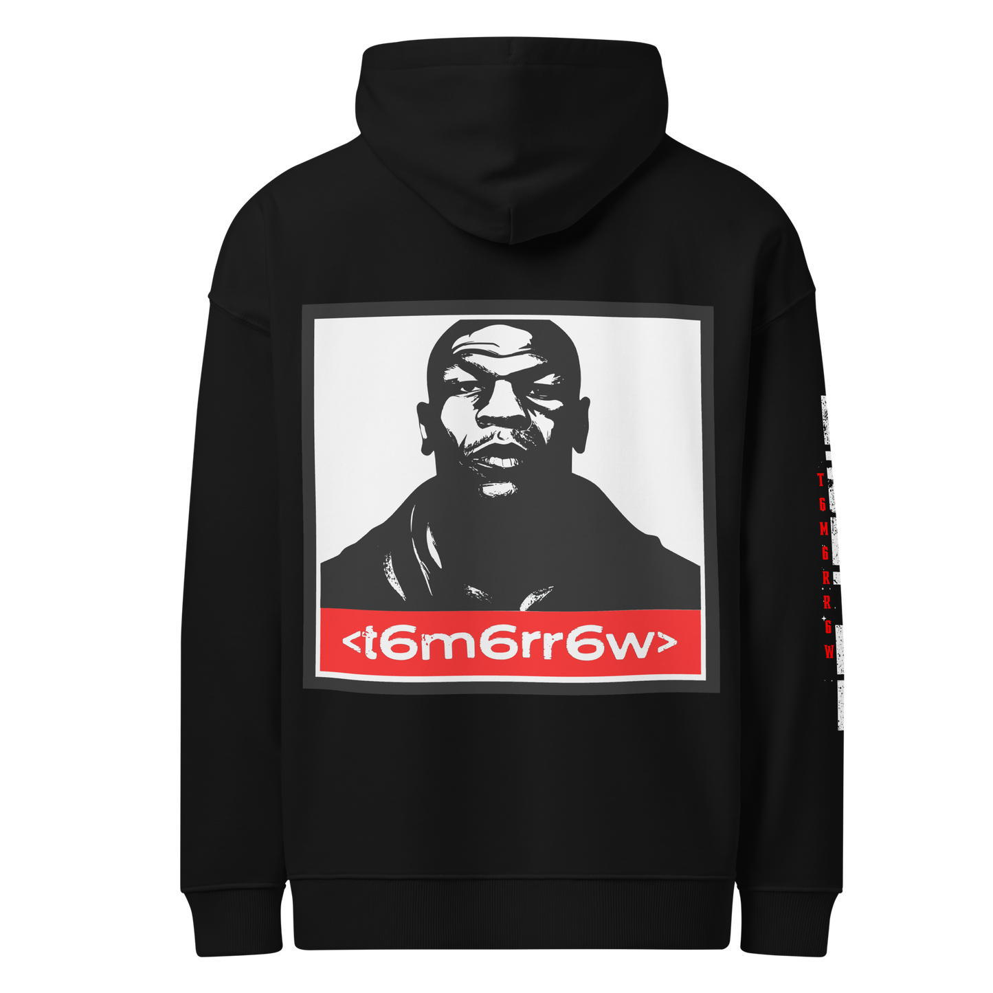 t6m6rr6w Fighter Tyson K.O. Code Premium Hoodie in black organic cotton blend. Front view displays circular t6m6rr6w Boxing badge logo in silver with vintage styling. Back view showcases bold Mike Tyson portrait in black and white with iconic red t6m6rr6w brand banner below. Unisex relaxed fit hoodie with kangaroo pocket, part of Fighter Collection underground streetwear