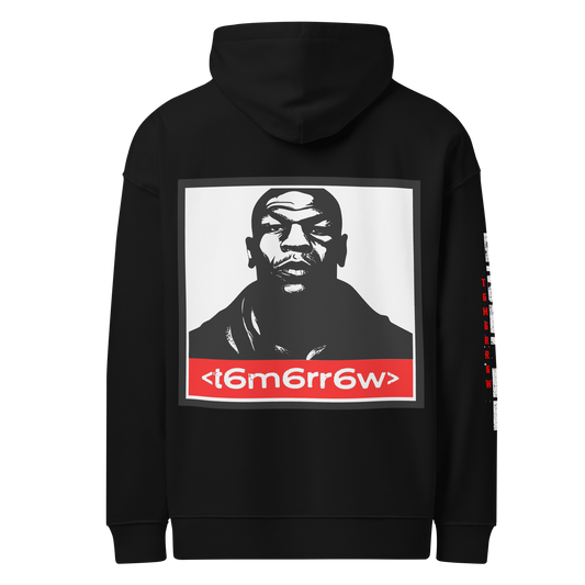 t6m6rr6w Fighter Tyson K.O. Code Premium Hoodie in black organic cotton blend. Front view displays circular t6m6rr6w Boxing badge logo in silver with vintage styling. Back view showcases bold Mike Tyson portrait in black and white with iconic red t6m6rr6w brand banner below. Unisex relaxed fit hoodie with kangaroo pocket, part of Fighter Collection underground streetwear