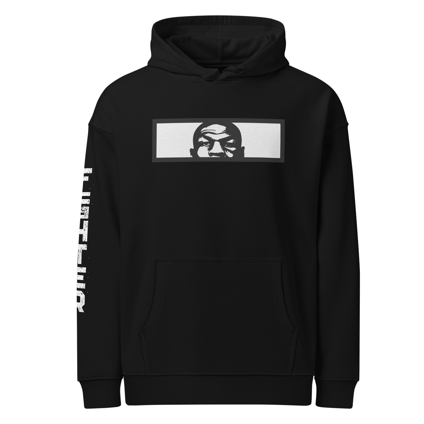 t6m6rr6w Fighter Tyson K.O. Code Premium Hoodie in black organic cotton blend. Front view displays circular t6m6rr6w Boxing badge logo in silver with vintage styling. Back view showcases bold Mike Tyson portrait in black and white with iconic red t6m6rr6w brand banner below. Unisex relaxed fit hoodie with kangaroo pocket, part of Fighter Collection underground streetwear.