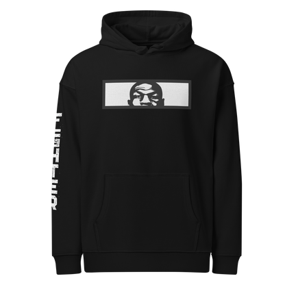 t6m6rr6w Fighter Tyson K.O. Code Premium Hoodie in black organic cotton blend. Front view displays circular t6m6rr6w Boxing badge logo in silver with vintage styling. Back view showcases bold Mike Tyson portrait in black and white with iconic red t6m6rr6w brand banner below. Unisex relaxed fit hoodie with kangaroo pocket, part of Fighter Collection underground streetwear.
