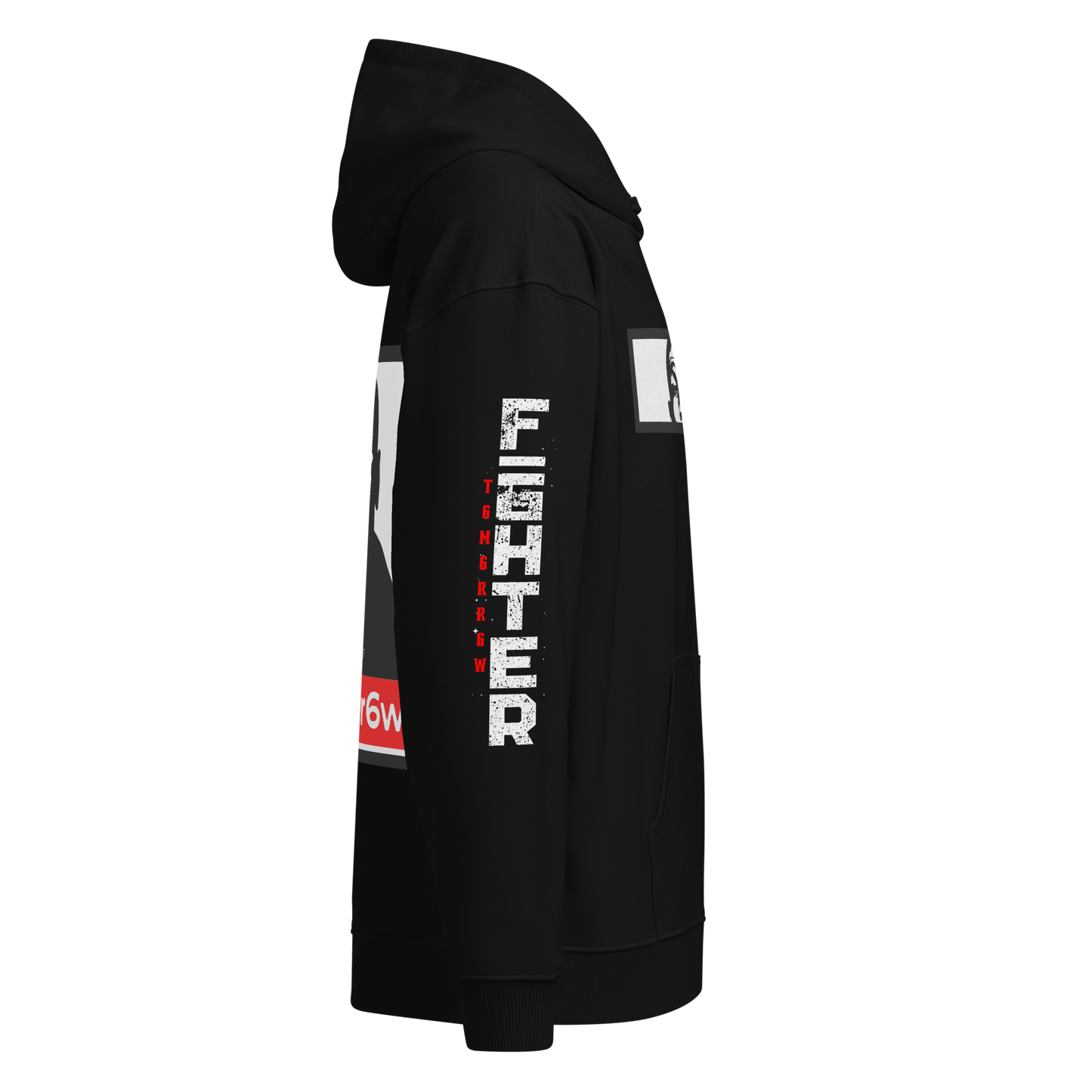 t6m6rr6w Fighter Tyson K.O. Code Premium Hoodie in black organic cotton blend. Front view displays circular t6m6rr6w Boxing badge logo in silver with vintage styling. Back view showcases bold Mike Tyson portrait in black and white with iconic red t6m6rr6w brand banner below. Unisex relaxed fit hoodie with kangaroo pocket, part of Fighter Collection underground streetwear