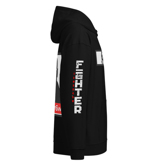 t6m6rr6w Fighter Tyson K.O. Code Premium Hoodie in black organic cotton blend. Front view displays circular t6m6rr6w Boxing badge logo in silver with vintage styling. Back view showcases bold Mike Tyson portrait in black and white with iconic red t6m6rr6w brand banner below. Unisex relaxed fit hoodie with kangaroo pocket, part of Fighter Collection underground streetwear